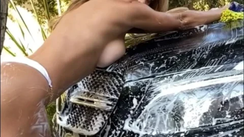 Blonde Washes Car in White Underwear