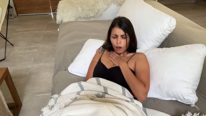 Brunette with tattoos jerking off with toy in bed and on couch